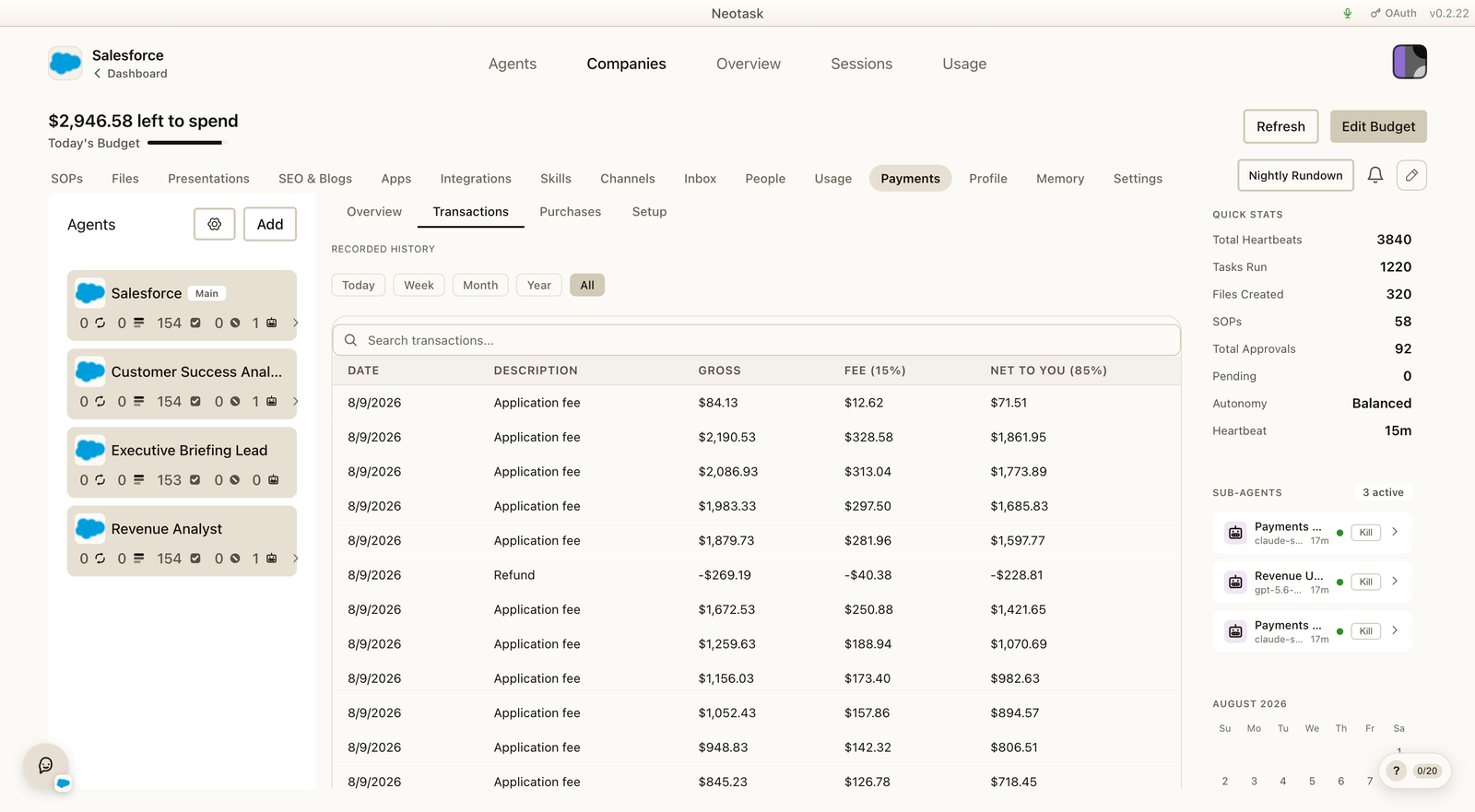 The recorded payments ledger with per-charge detail and search.