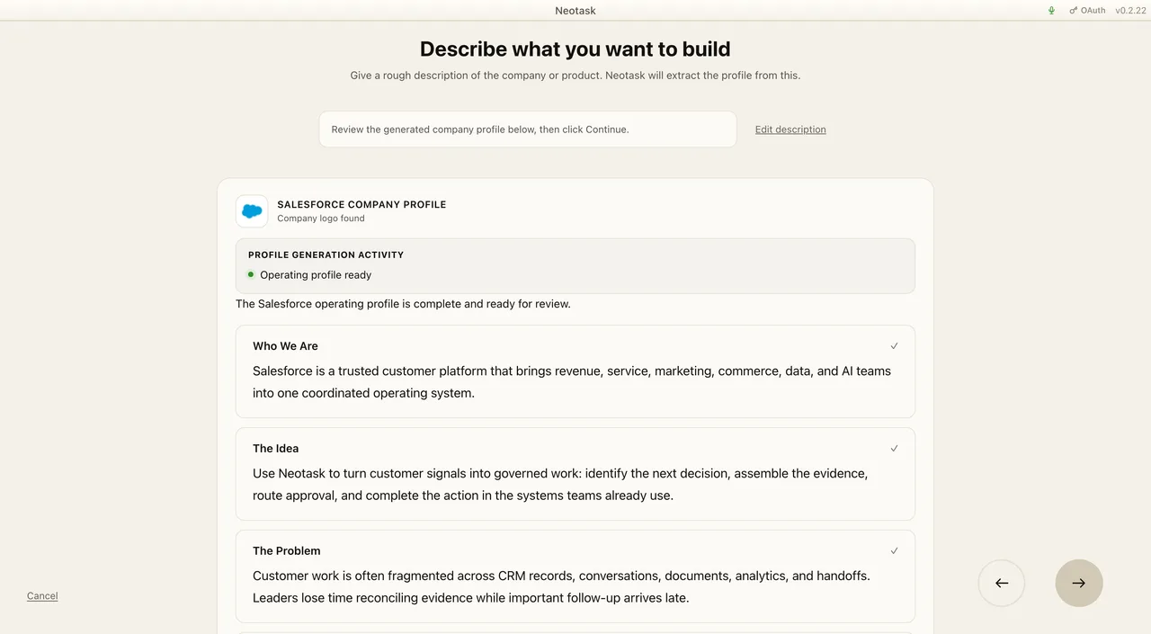 Generated company profile ready for review