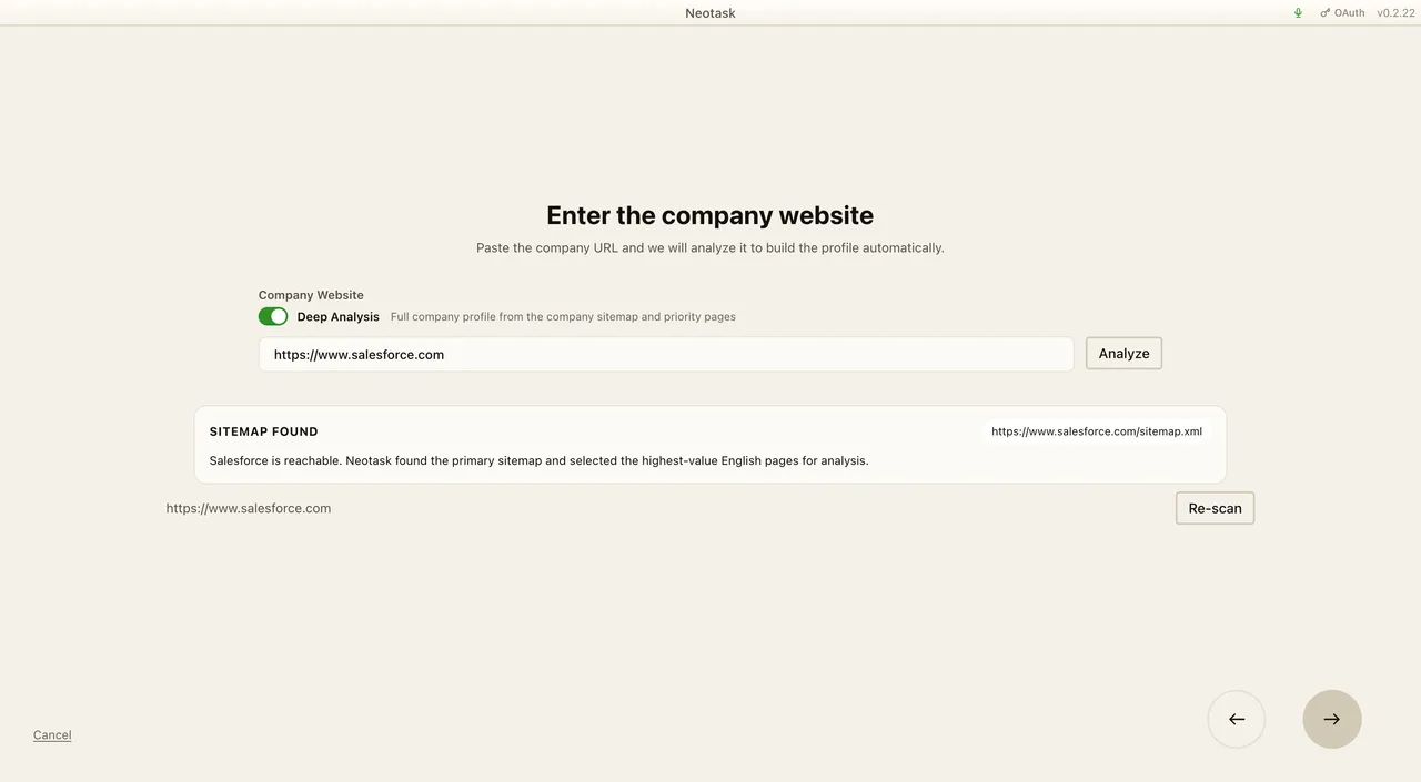 Company website entry during onboarding