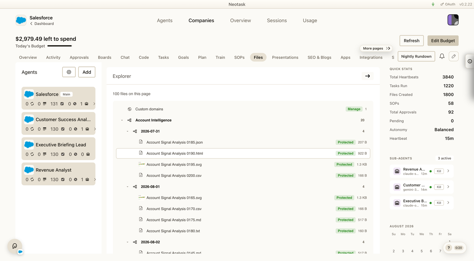 Expanded Salesforce file tree with nested operating workstreams, dated folders, filenames, storage protection, and 1,800 searchable artifacts.